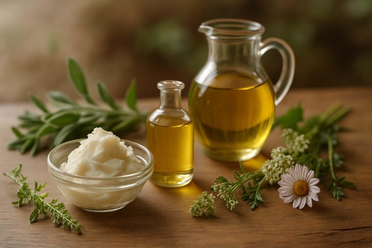 Natural tallow and organic oils arranged in glass containers on a wooden surface with herbs and natural elements, featuring soft lighting and earthy tones