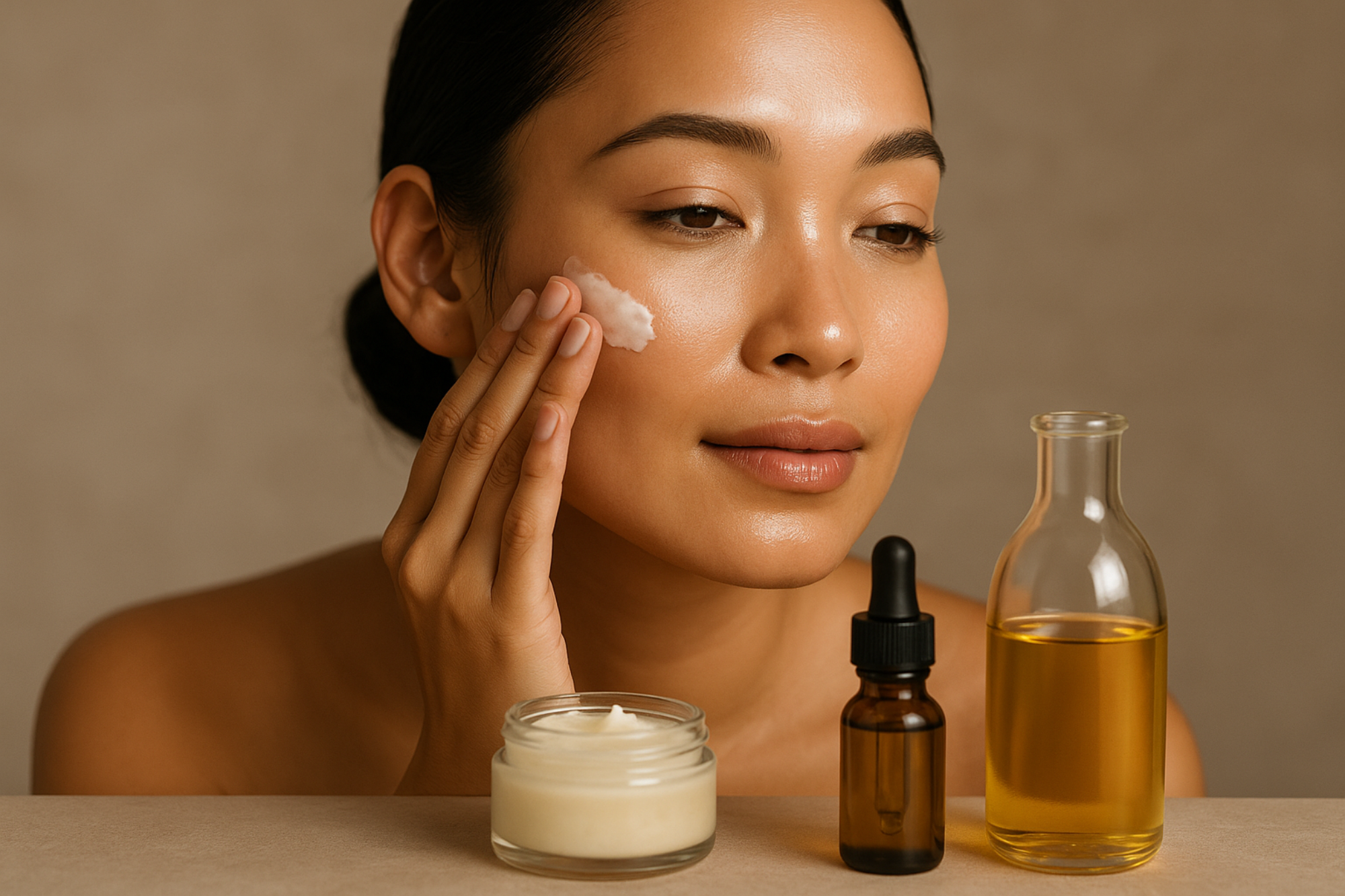 Woman with glowing skin applying natural tallow and organic oils, with glass containers of skincare products in the foreground